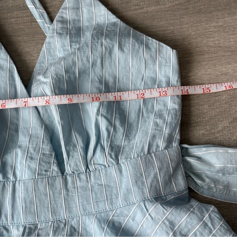 Balance Coastal Blue pinstripe ruffle romper with tie back and ruffle detail - Picture 2 of 7